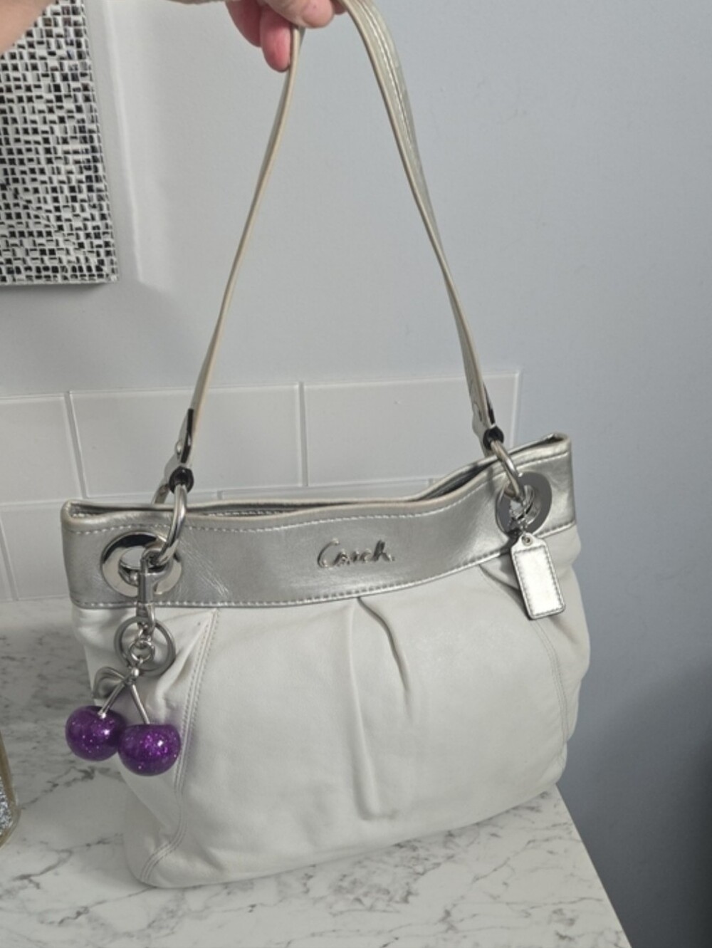 Coach Vintage Leather White and Silver Shoulder Bag with Purple Charm